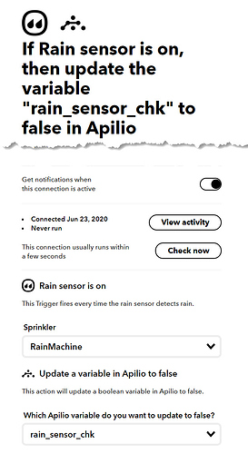 Set Rain Rain Variable to False when sensor kicks on.