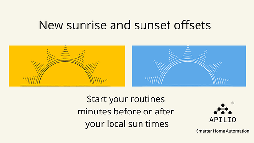 New sunset and sunrise offsets in apilio trigger routines before or after your local sun times