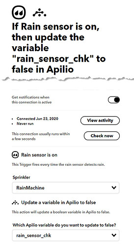 Set Rain Rain Variable to False when sensor kicks on.